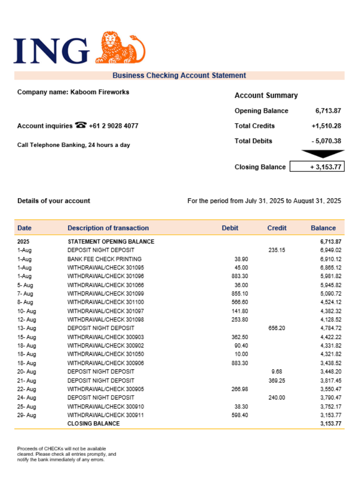 Relevé bancaire professionnel ING Direct Format Word et PDF